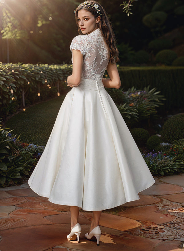 Pamela | Women's Lace V-Neck Midi Wedding Dress