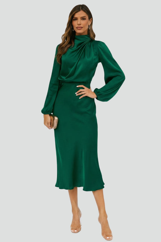 Patrice | Women's High Neck Long Sleeve Belted Midi Dress