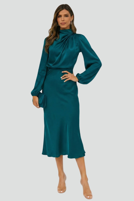 Patrice | Women's High Neck Long Sleeve Belted Midi Dress