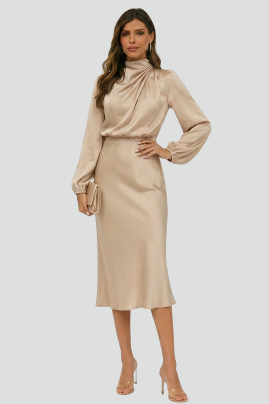 Patrice | Women's High Neck Long Sleeve Belted Midi Dress