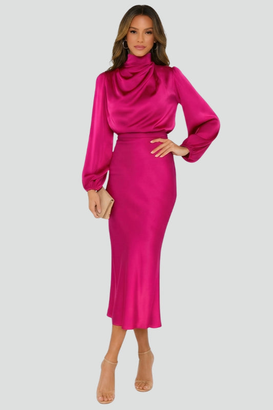 Patrice | Women's High Neck Long Sleeve Belted Midi Dress