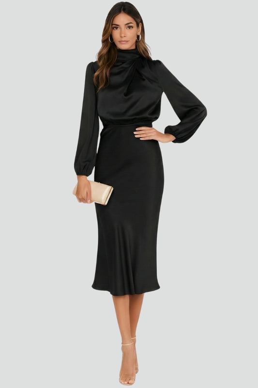 Patrice | Women's High Neck Long Sleeve Belted Midi Dress
