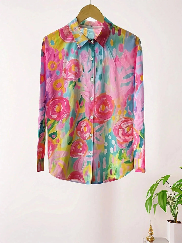Zoey | Women's Long Sleeve Collared Buttoned Abstract Print Blouse