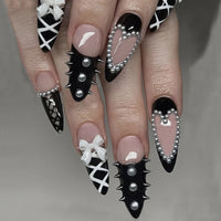 Women's Halloween Bat Almond Press On Nails with 3D Rivet and Bow Details