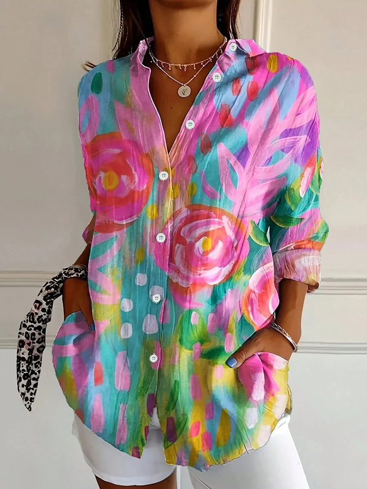 Zoey | Women's Long Sleeve Collared Buttoned Abstract Print Blouse