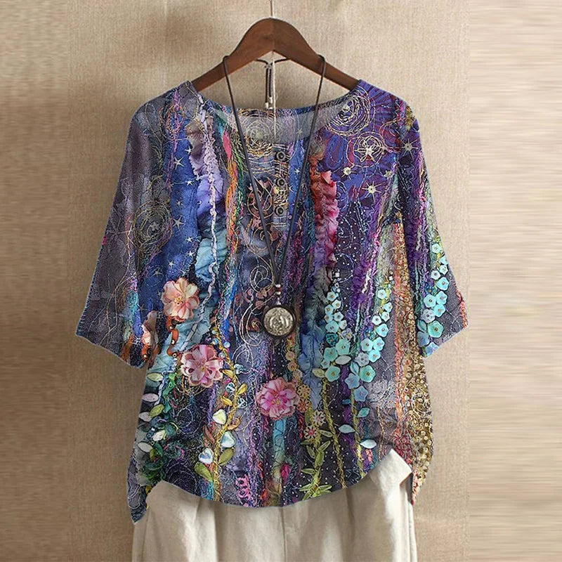 Mila | Women's Floral Print Short Sleeve Relaxed Casual Blouse
