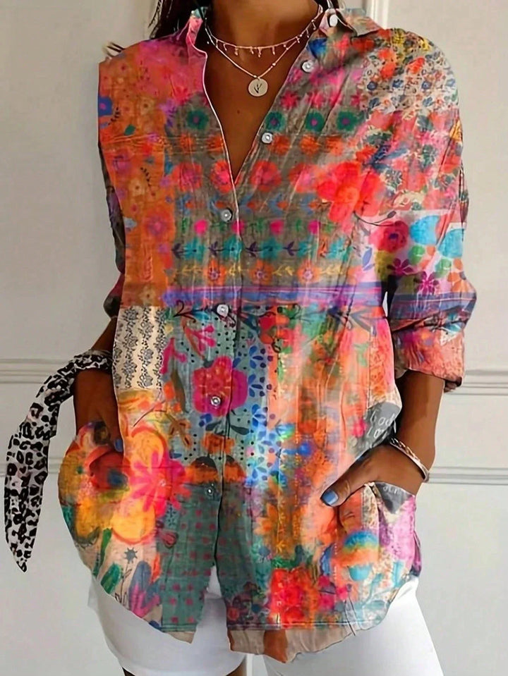 Zoey | Women's Long Sleeve Collared Buttoned Abstract Print Blouse