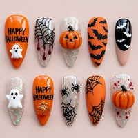 Women's Ghost Pumpkin Bat Almond Press On Halloween Nails