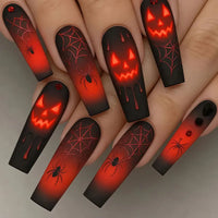 Women's Red Black Halloween Press On Nails with Ghost Pumpkin and Spider Design