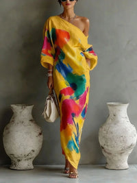 Yasmine | Women's One Shoulder Colorful Boho Maxi Dress