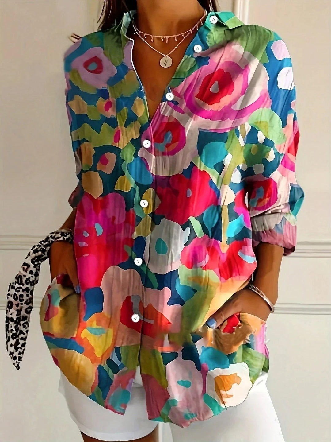 Zoey | Women's Long Sleeve Collared Buttoned Abstract Print Blouse