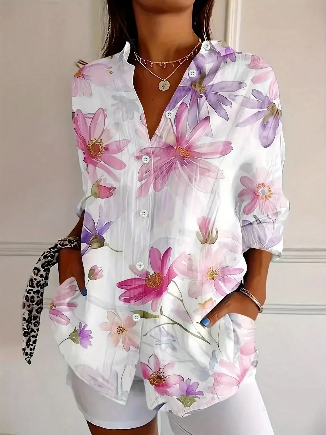 Zoey | Women's Long Sleeve Collared Buttoned Abstract Print Blouse