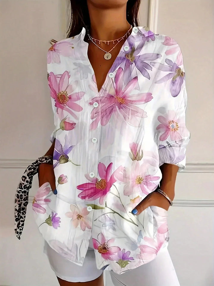 Zoey | Women's Long Sleeve Collared Buttoned Abstract Print Blouse