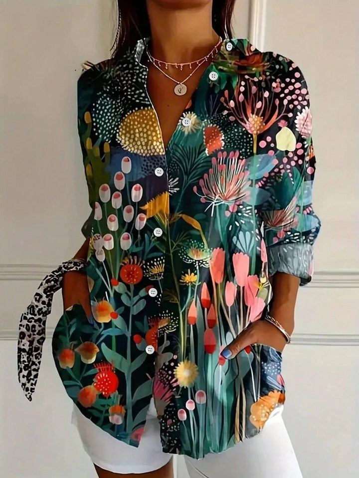 Zoey | Women's Long Sleeve Collared Buttoned Abstract Print Blouse