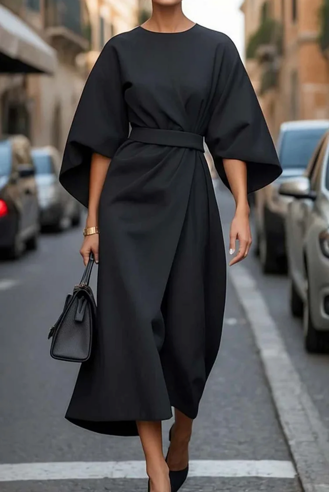 Stella | Women's Round Neck Wide Sleeve Belted Midi Dress