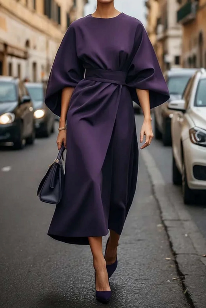 Stella | Women's Round Neck Wide Sleeve Belted Midi Dress