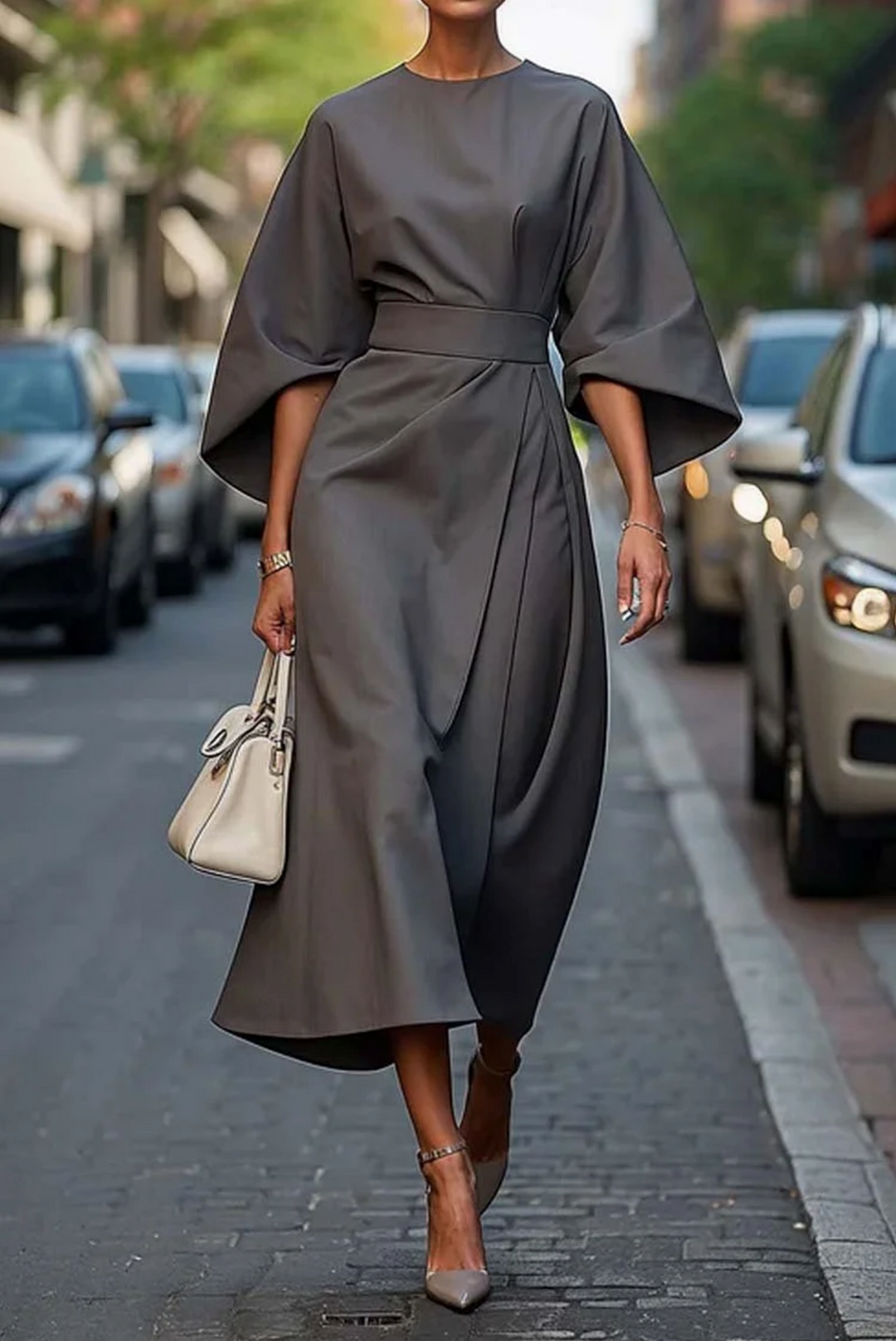 Stella | Women's Round Neck Wide Sleeve Belted Midi Dress