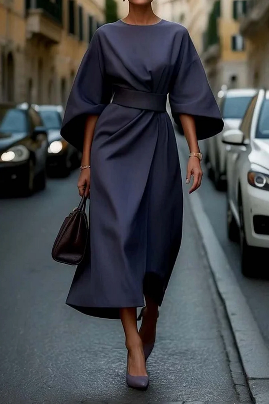 Stella | Women's Round Neck Wide Sleeve Belted Midi Dress