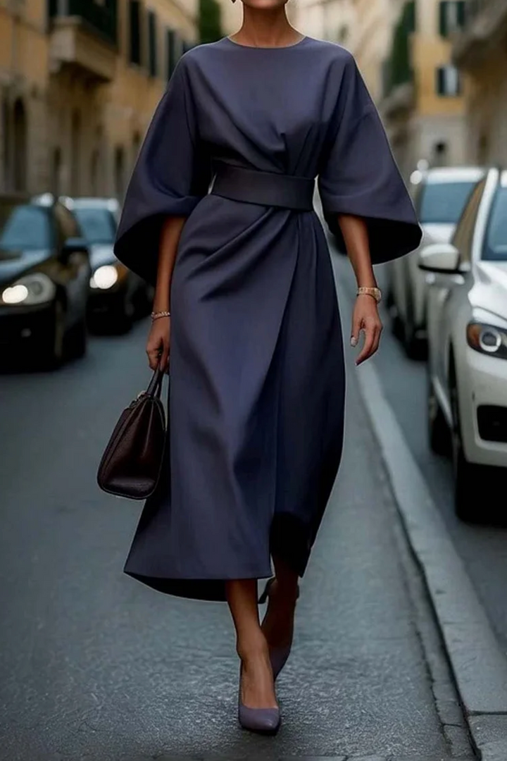 Stella | Women's Round Neck Wide Sleeve Belted Midi Dress