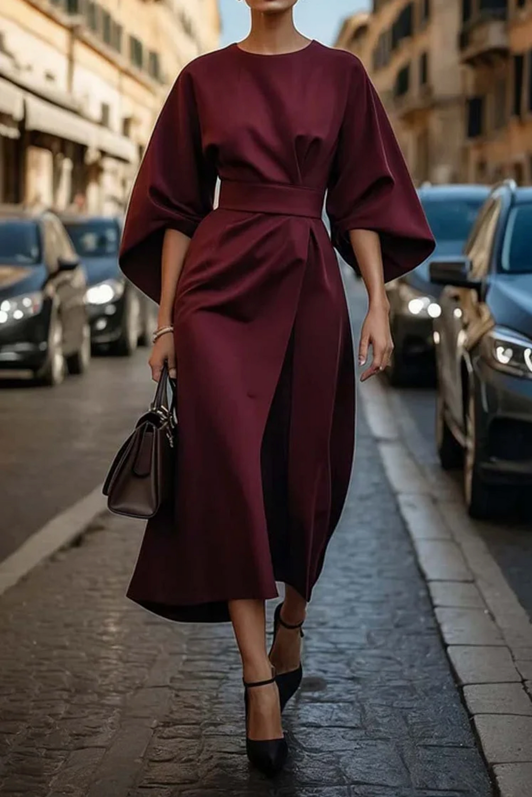 Stella | Women's Round Neck Wide Sleeve Belted Midi Dress