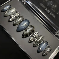 Women's Glitter Almond Press On Halloween Nails with 3D Metallic Design