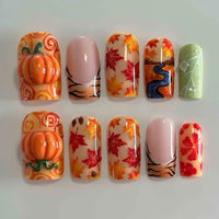 Women's Halloween French Square Press On Nails with 3D Print