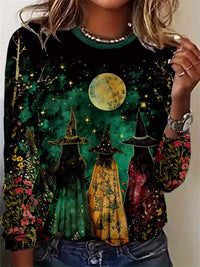 Women's Halloween Multi Witch Moon Printed Blouse