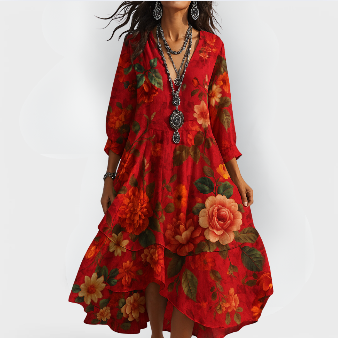 Genevieve | Women's V-Neck Summer Floral Midi Dress