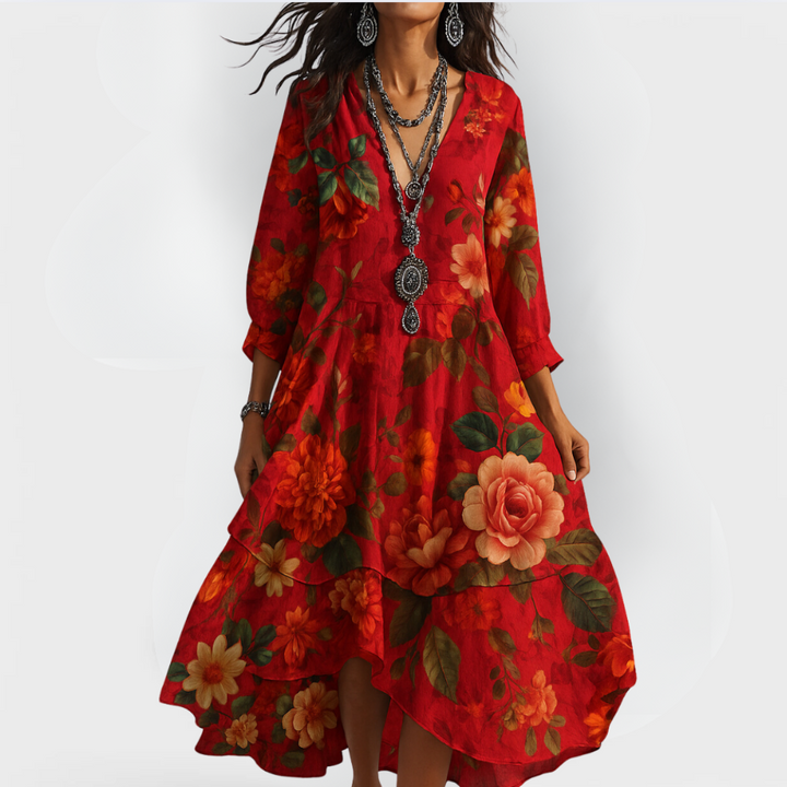 Genevieve | Women's V-Neck Summer Floral Midi Dress