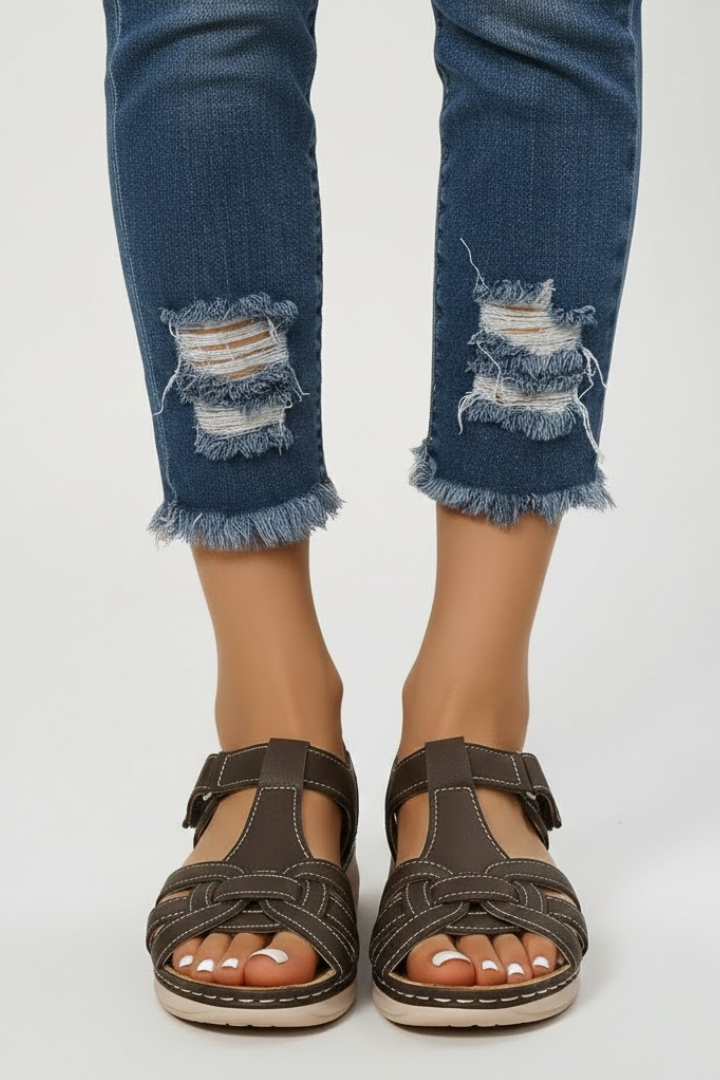 Lois | Women’s T-Strap Sandals with Buckle Closure and Flat Sole