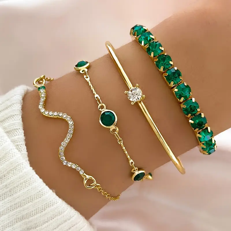 Abigail | Women's Sparkling 4 Piece Green Bracelet Set
