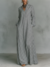 Claire | Women's Plaid Cotton Linen Maxi Dress
