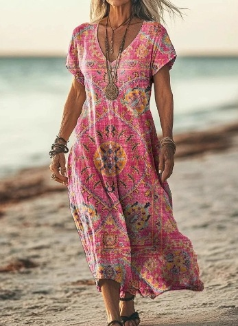 Wavira | Women's Floral V-Neck Midi Dress