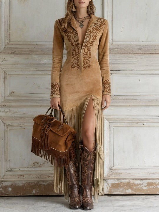 Gloria | Women's Long Sleeve Fringe Slit Maxi Dress