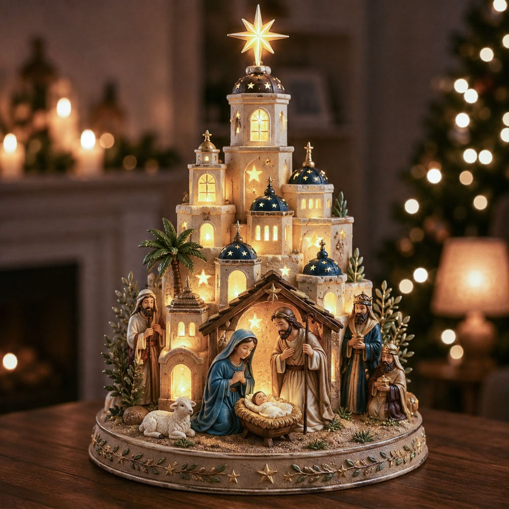 Light Up Nativity Scene with Illuminated Church Tower