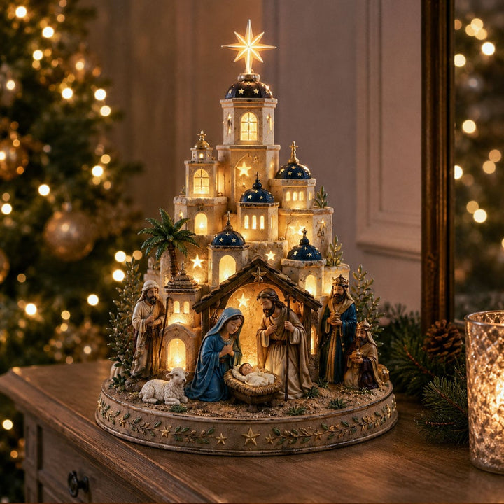 Light Up Nativity Scene with Illuminated Church Tower