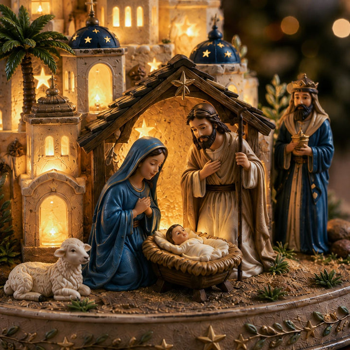 Light Up Nativity Scene with Illuminated Church Tower