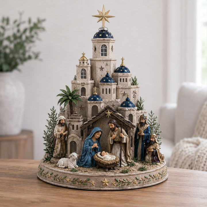 Light Up Nativity Scene with Illuminated Church Tower
