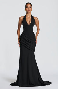 Amara | Women's Plunge Halter Corset Black Tie Holiday Gown