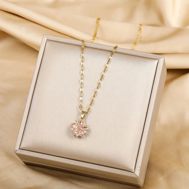 Rebecca | Women's Gold Chain Pink Rose Necklace