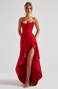 Adeline | Women's Cowl Neck Satin Ruffle Prom Dress