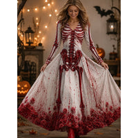 Women's Halloween Long Sleeve Skeleton Print Maxi Dress