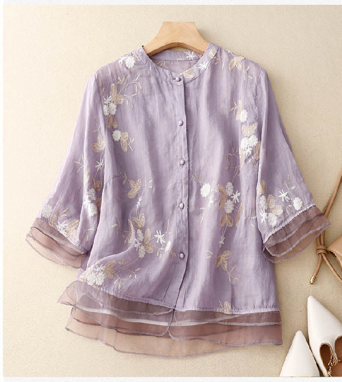 Quinnley | Women's Layered Sheer Floral Embroidered Three Quarter Sleeve Blouse