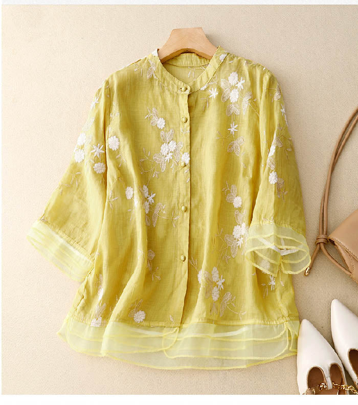 Quinnley | Women's Layered Sheer Floral Embroidered Three Quarter Sleeve Blouse