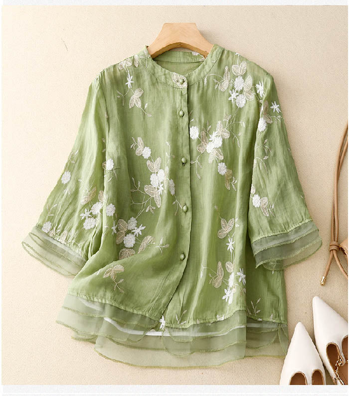Quinnley | Women's Layered Sheer Floral Embroidered Three Quarter Sleeve Blouse